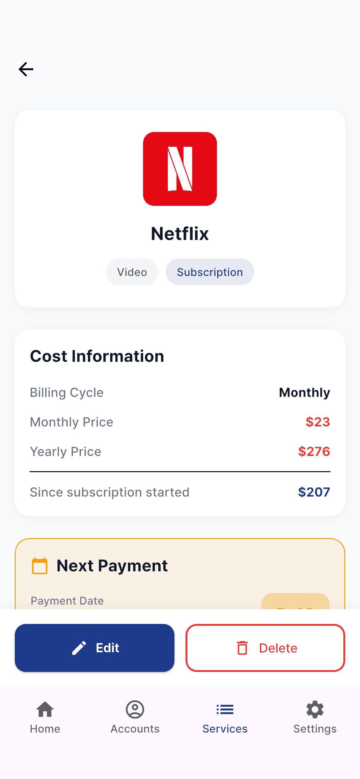 Service detail showing linked account, login type, next payment date, monthly and yearly costs